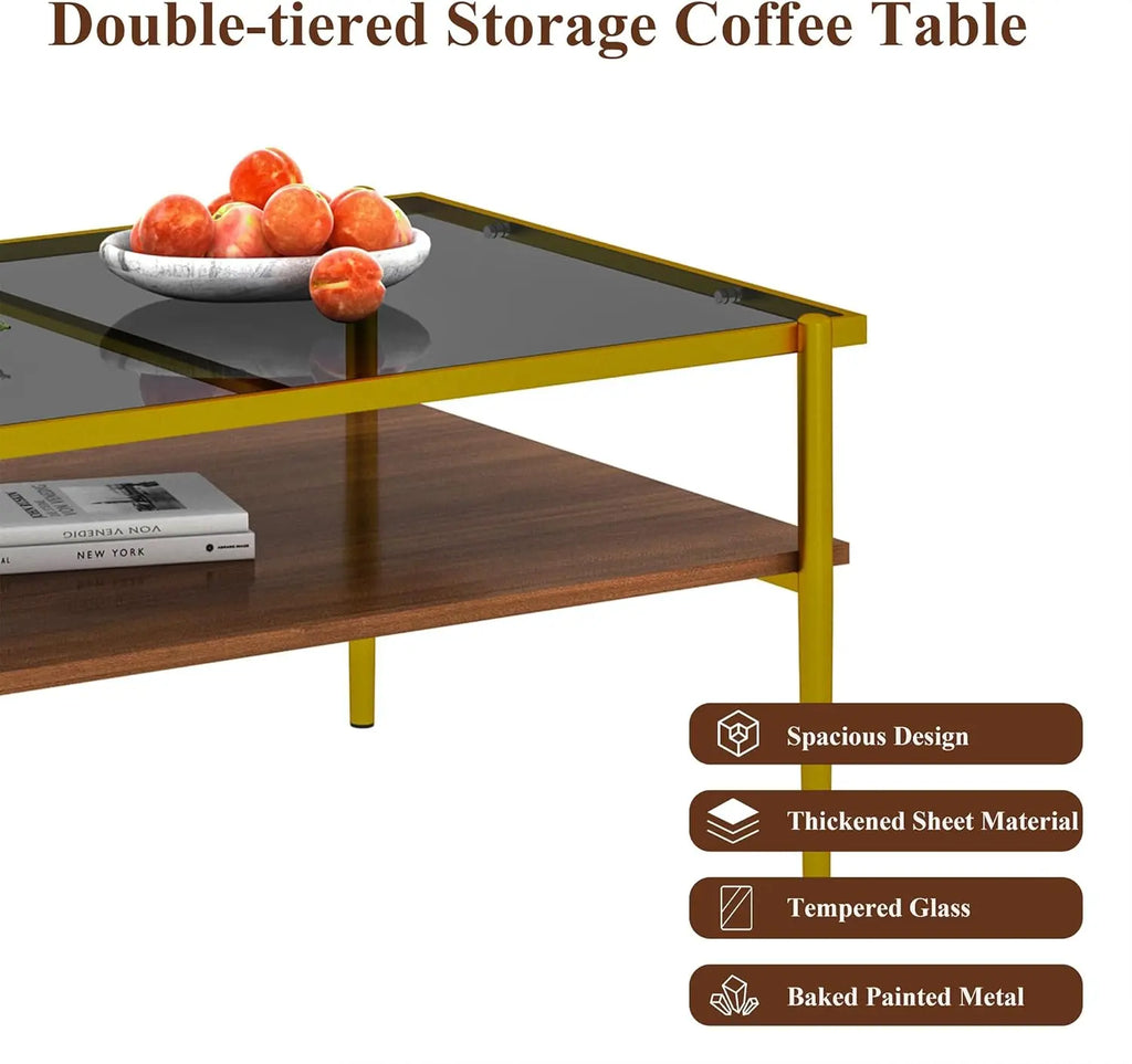 Modern Glass Coffee Table 38.39"L ×24.21"W ×17.72"H, Rectangular Tea Table with Metal Frame & Open Storage Shelf, Home Furniture for Living Room Apartment