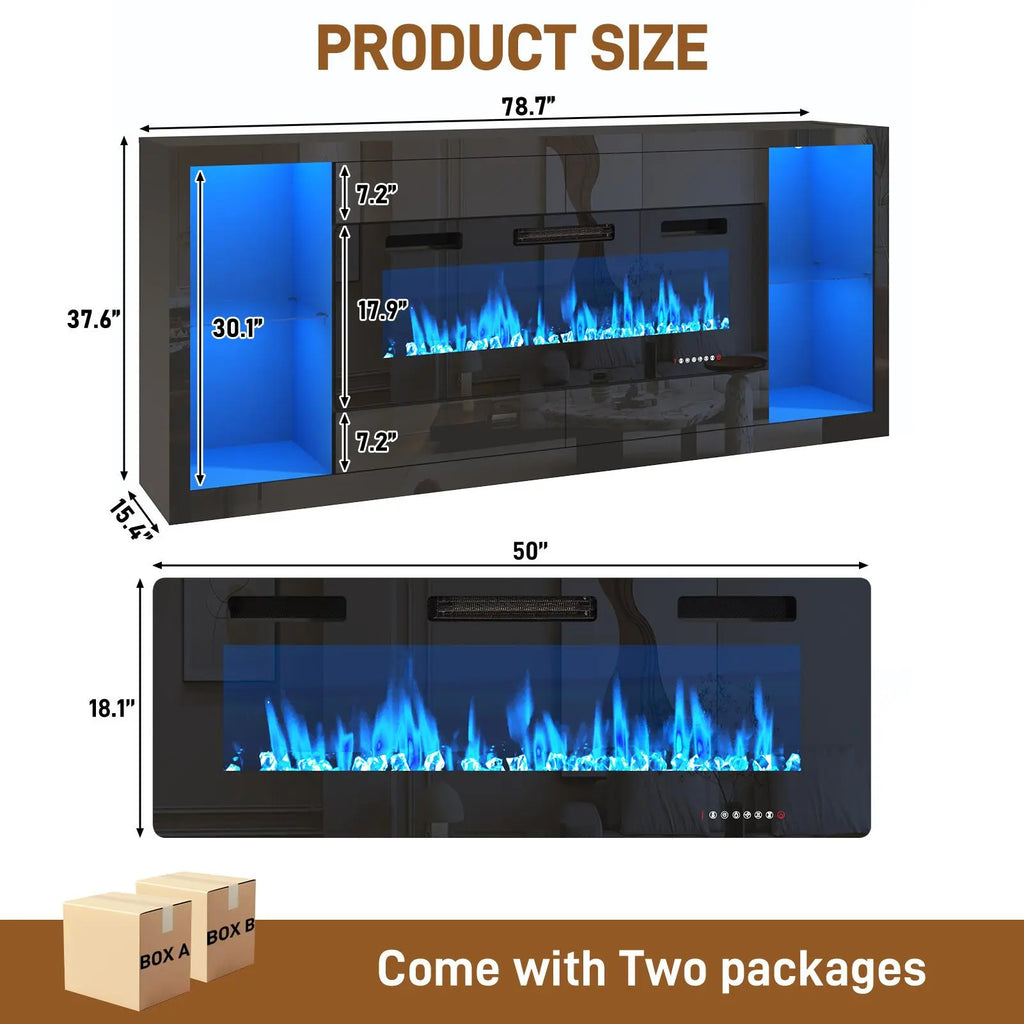 82.7'' Fireplace TV Stand for 90/95''TV with 50'' Fireplace, LED Modern High Gloss Entertainment Center with Power Outlet, 4 Drawers, Adjustable Shelf, 2-Tier TV Console Cabinet, Black/White