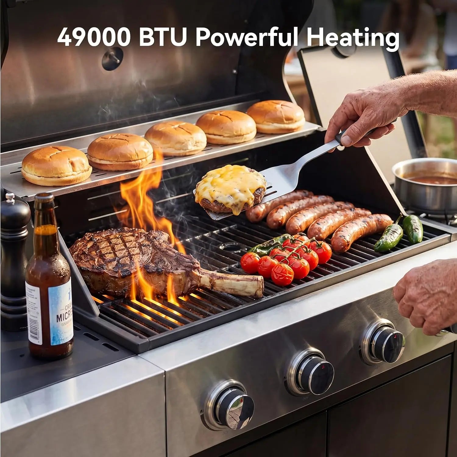 Aoxun 4-Burner 49000 BTU Propane Grill with Side Burner, Black & Silvery | Stainless Steel Gas Grill, Heavy-Duty Cooking Grates & Side Tables for Backyard Patio Camping