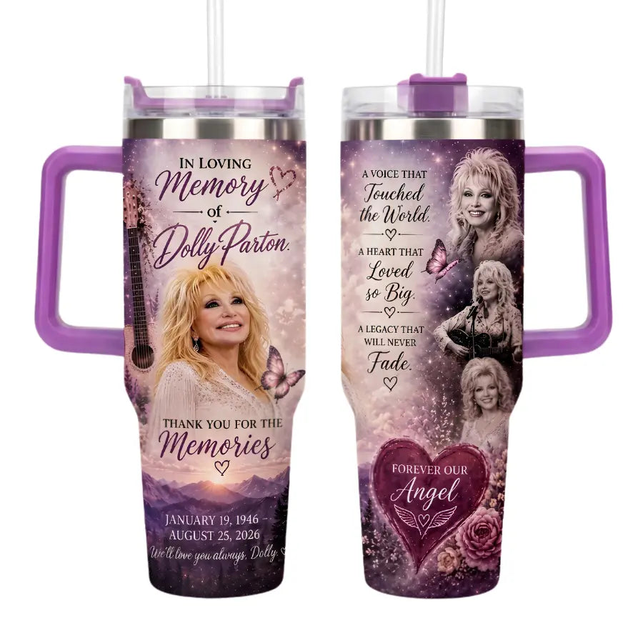 Dolly Parton Rest in Peace Tumbler, Dolly Parton Memorial Tumbler, Country Music Legend Tribute Cup, 40Oz Insulated Tumbler with Handle, Fan Gift