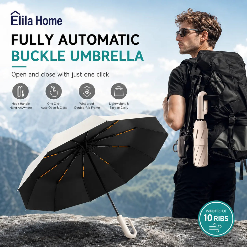 Automatic Folding Umbrella, 1 Count Windproof Waterproof Travel Umbrella, Portable Compact Auto Open Close Rain Umbrella for Men & Women, Reinforced Wind Resistant Umbrella for Travel Outdoor Daily Use