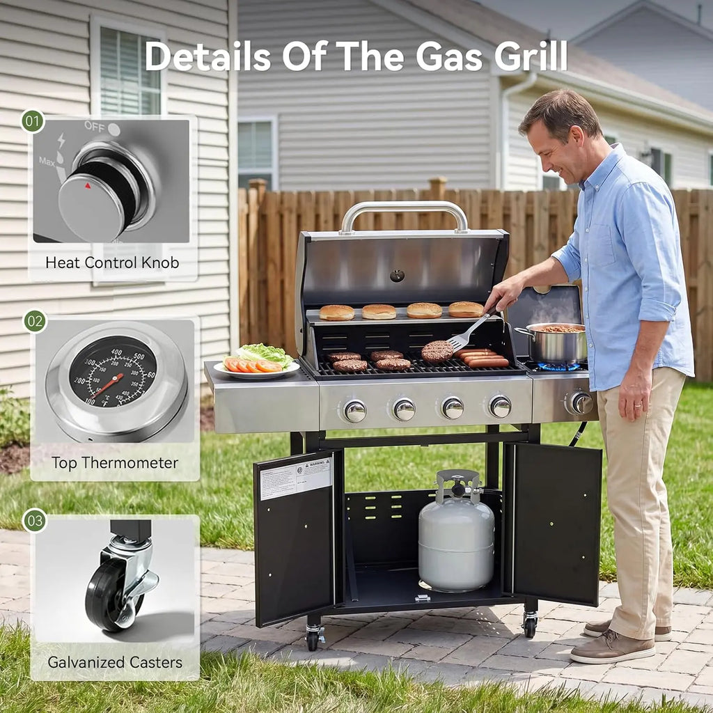 Aoxun 4-Burner 49000 BTU Propane Grill with Side Burner, Black & Silvery | Stainless Steel Gas Grill, Heavy-Duty Cooking Grates & Side Tables for Backyard Patio Camping