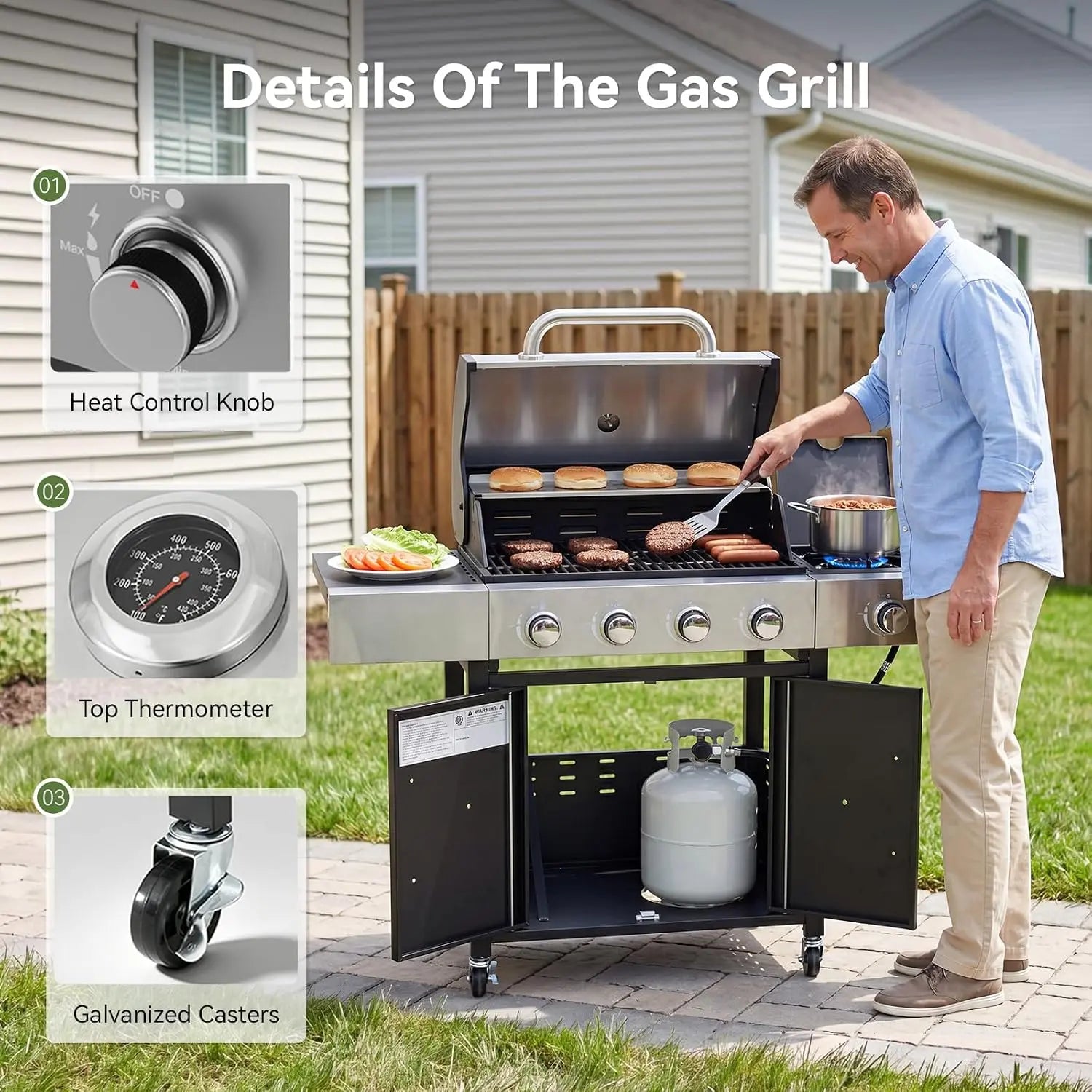 Aoxun 4-Burner 49000 BTU Propane Grill with Side Burner, Black & Silvery | Stainless Steel Gas Grill, Heavy-Duty Cooking Grates & Side Tables for Backyard Patio Camping