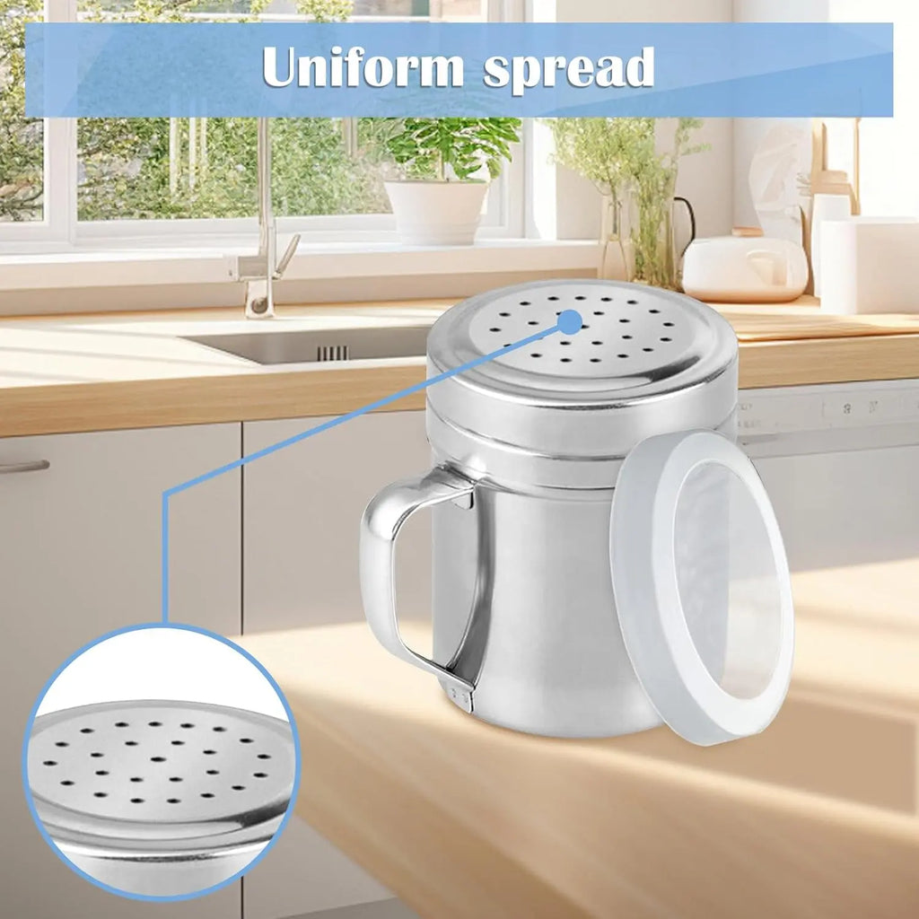 2 Count Metal Salt Pepper Dredge Shakers, Stainless Steel Pepper Shaker Seasoning Jar with Handle, with Hole and Cover, Suitable for Pepper, Cinnamon and Coffee Jars (Small-6Oz)