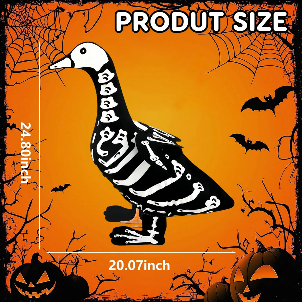 23-In Cement Goose Statue with Halloween Glow-In-The-Dark Skull Outfit, Halloween Aesthetic Costume Accessory, Weatherproof Outdoor Patio Fall Holiday Decoration, Specialty DIY Supply, Goose Skeleton Element