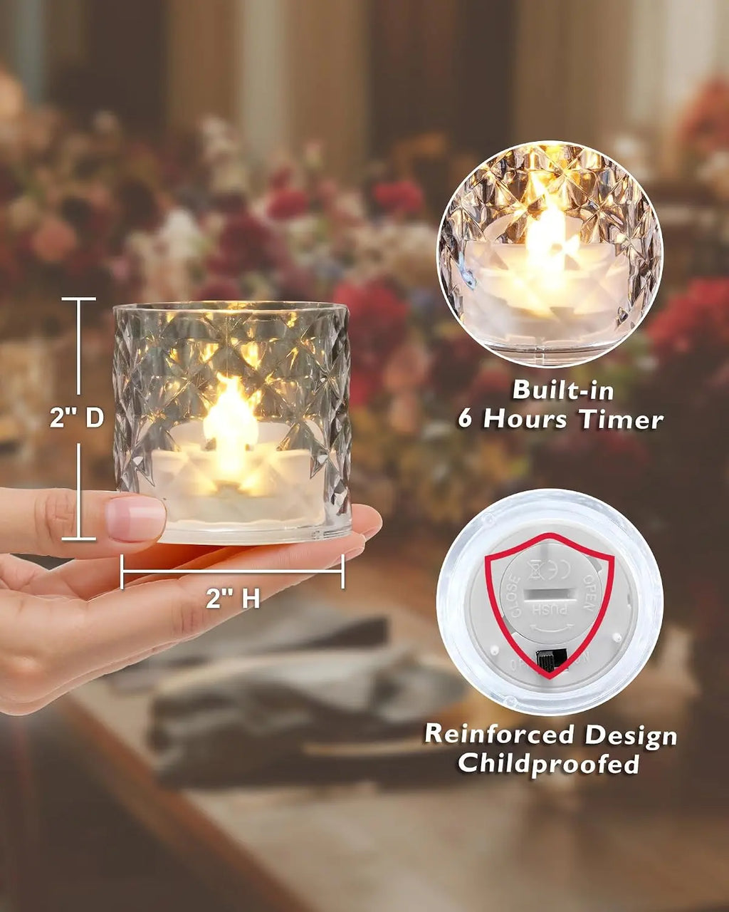 12PCS 2X2 in Acrylic Votive Candle Holders with Auto Timer Flameless LED Tealights, Battery-Powered, for Wedding Centerpieces, Christmas Decor, Mother’S Day Gifts