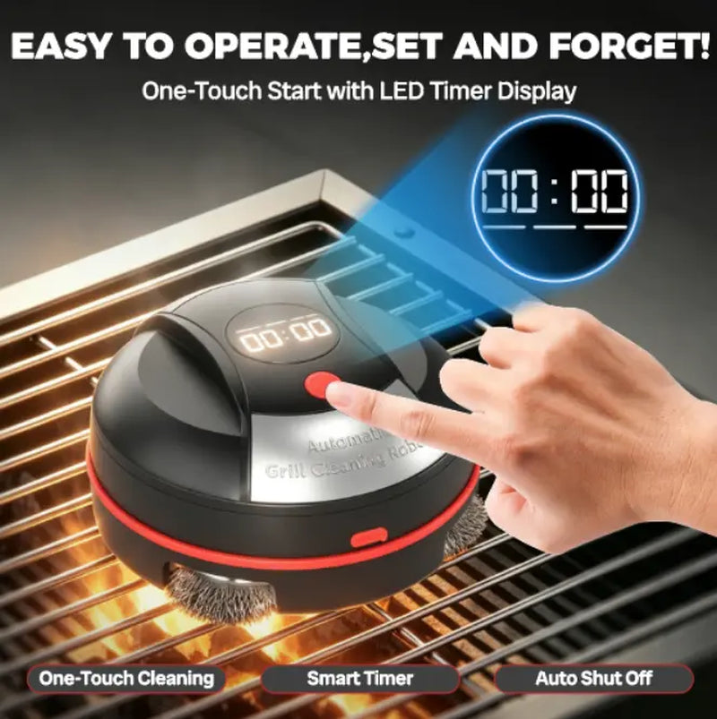 Automatic Grill Cleaning Robot, Rechargeable BBQ Grill Cleaner Robot with Rotating Steel Brush Heads, Hands‑Free Grill Scrubber for Outdoor Barbecue Grills, Remove Grease & Charred Residue