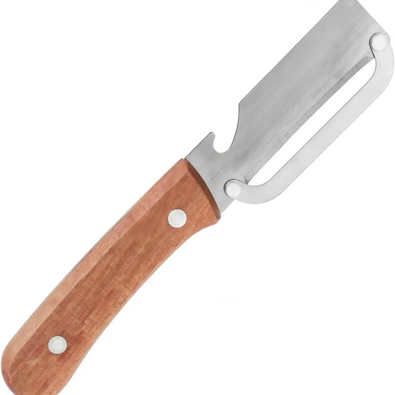 Multi-Functional Vegetable Peeler with Stainless Steel Blade, Wooden Handle, and Bottle Opener Kitchen Tool, Suitable for Peeling Fruits, Vegetables, Pumpkin, Papaya, Zucchini, Potatoes, and Carrots.