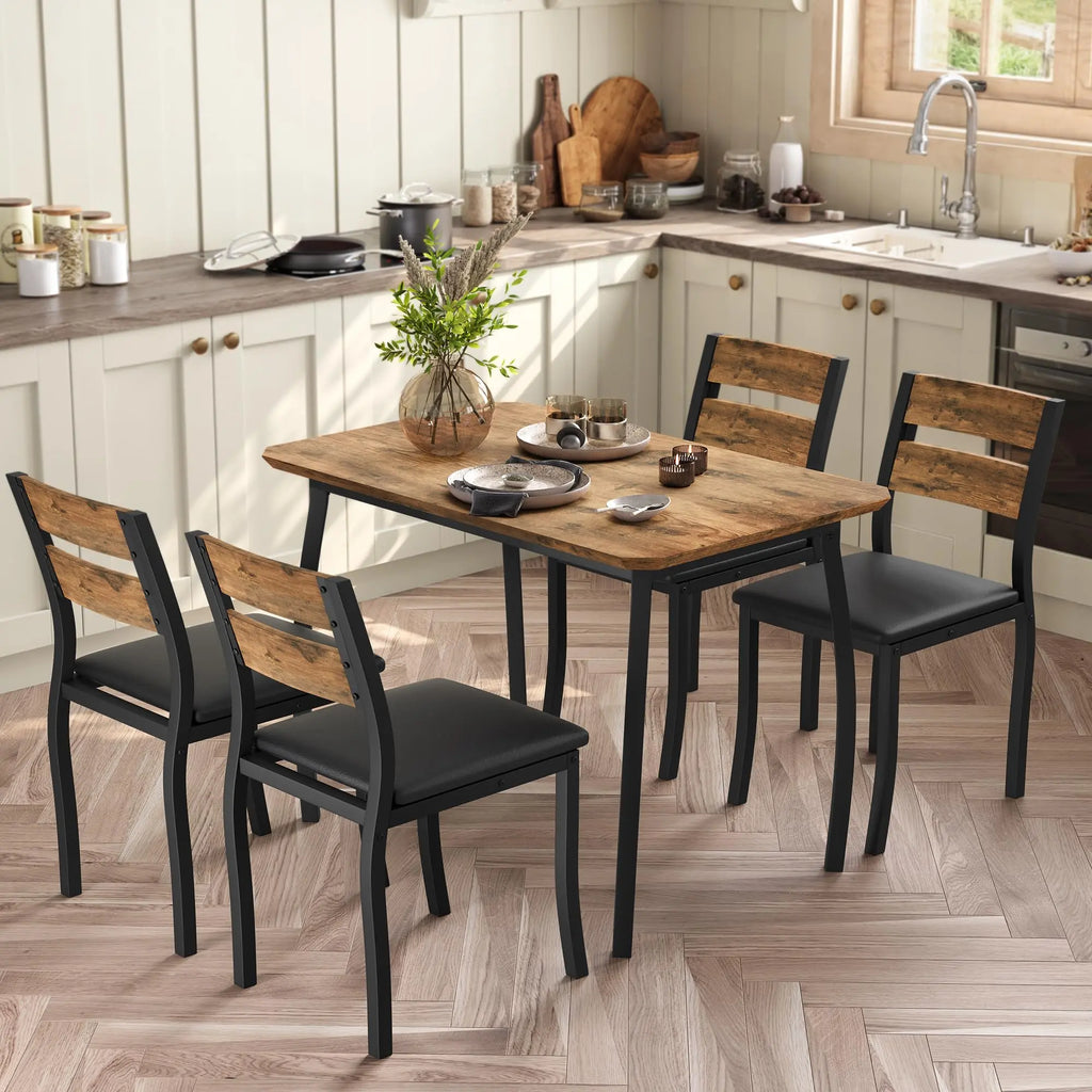 Garvee 5 Piece Farmhouse Dining Table Set for 4, Industrial Kitchen Table with Padded Chairs & Iron Frame, Space-Saving Dining Room Furniture Set for Small Spaces, Apartments, Brown