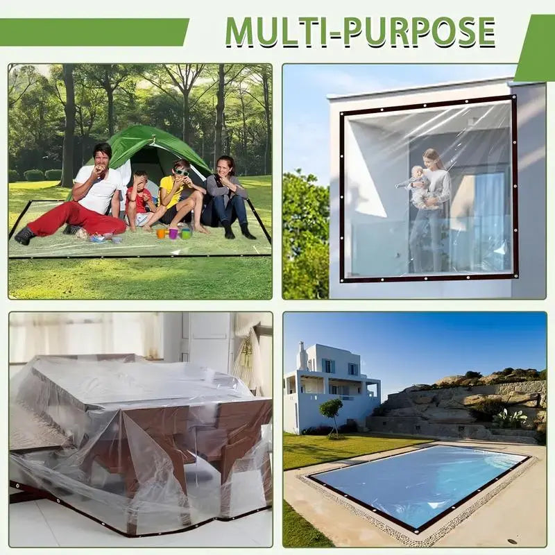 7*10FT PE Fabric Tarpaulin - Waterproof, Grommeted Transparent Tarp, Heavy-Duty Outdoor Cover for Camping, Patios