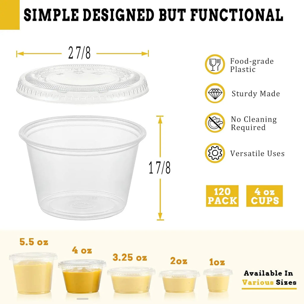 120-Pack 4Oz Disposable Sturdy Portion Cups with Lids, Airtight Stackable Plastic Souffle Jello Shot Sauce Condiment Cups for Lunch, Parties, 4Oz - 120