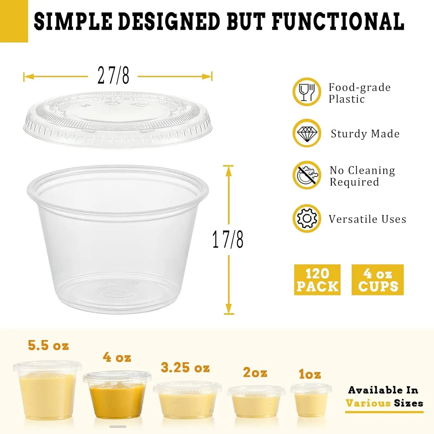 120-Pack 4Oz Disposable Sturdy Portion Cups with Lids, Airtight Stackable Plastic Souffle Jello Shot Sauce Condiment Cups for Lunch, Parties, 4Oz - 120