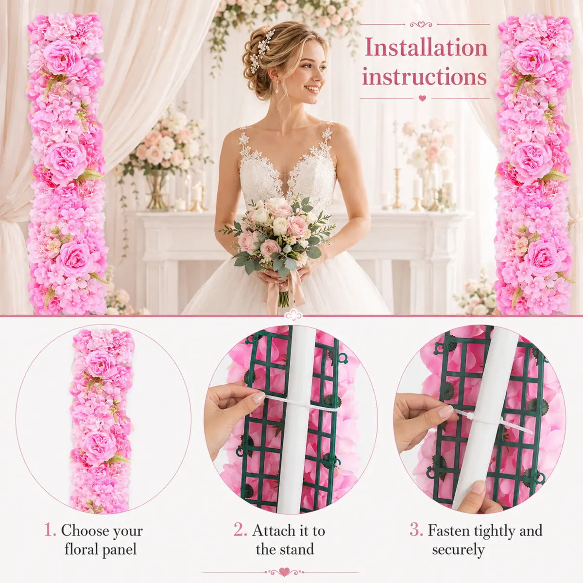 Artificial Flower Panels for Wedding Arch - Dark Pink Rose & Champagne Pink Silk Peony Hanging Garland, Faux Floral Decor for Ceremonies, Hotel Flower Walls & Decoration Needs, Peonies Flowers