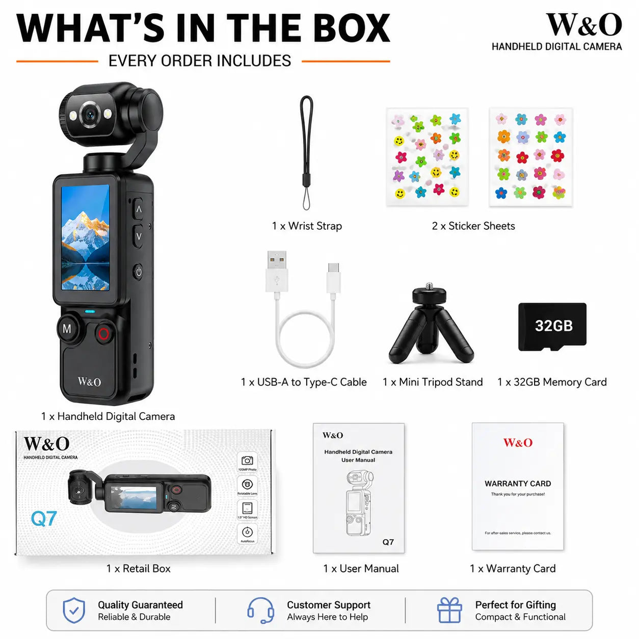 W&O Q7 Portable Vlogging Camera with 180° Rotating Lens, Autofocus, 1.9" Screen, 32GB Memory Card and Mini Tripod, USB Rechargeable Handheld Camera for Travel, Selfies and Daily Recording,Back to School,Back to School Haul