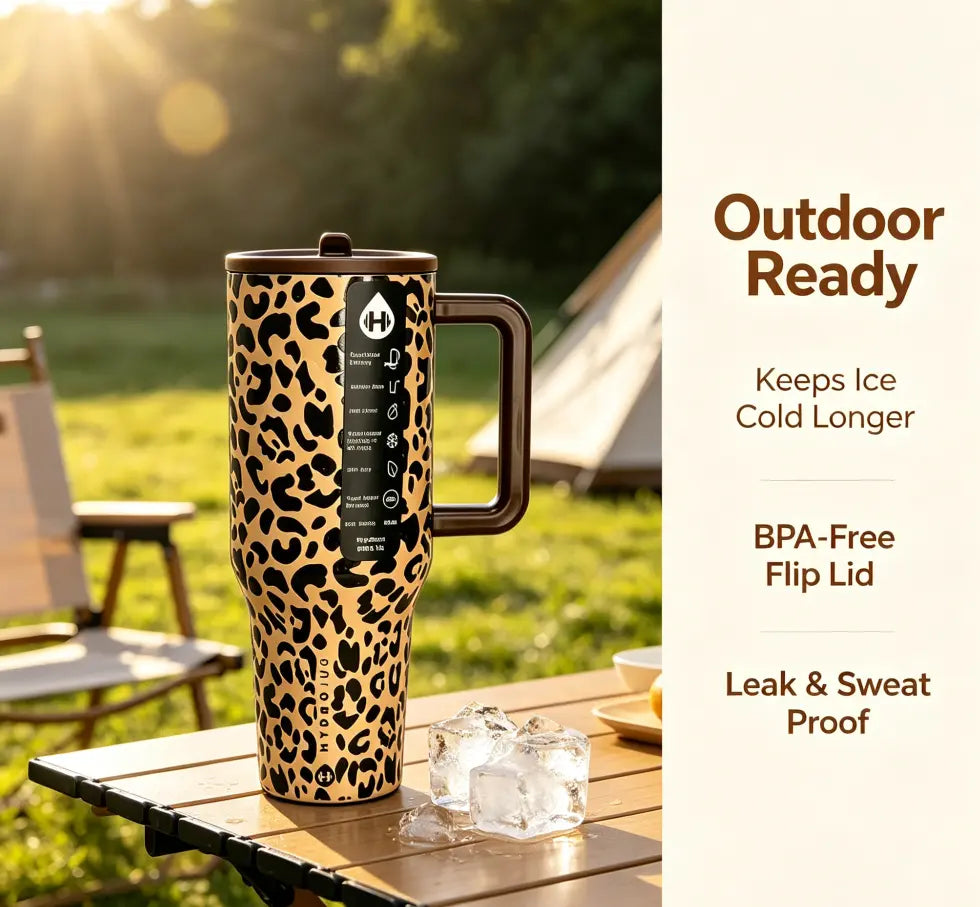 Hydro Aesthetic 40Oz Vacuum Insulated Stainless Steel Tumbler - Double-Wall Leopard Print Travel Mug with Straw, Handle, Flip Lid - Leak-Proof, Cup Holder-Fit, Stylish Durable Water Bottle for On-The-Go Use, Water Bottles