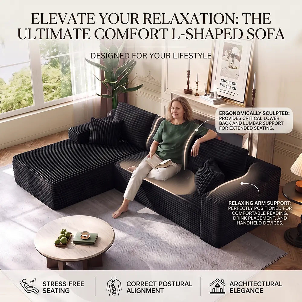 96-Inch L-Shaped Modular Corduroy Sofa with Chaise, Moderate Deep Seat, Vacuum-Packed, No-Assembly Indoor Furniture for Apartments & Condos
