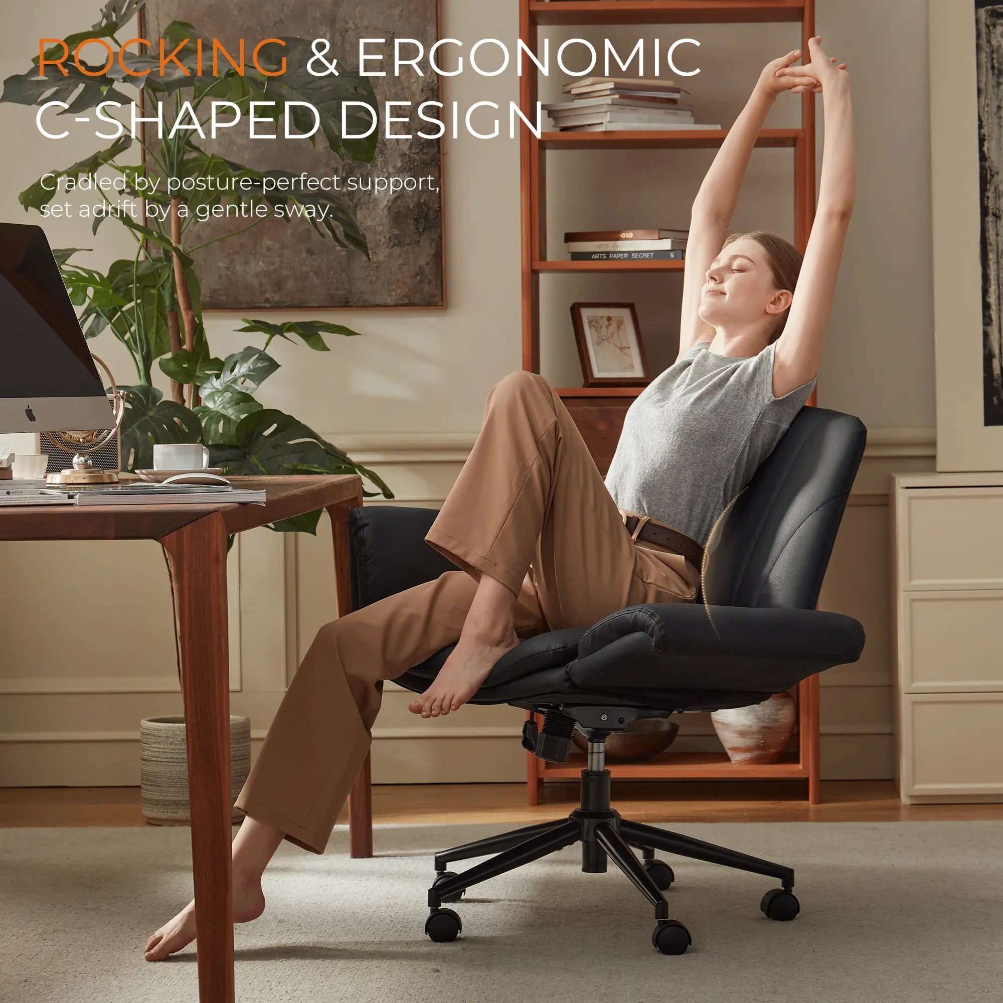 Summervibes Dowinx Criss Cross Chair with Five-Level Adjustable Arms and Wheels - Comfortable Ergonomic PU Leather Swivel Vanity Chair - Computer Makeup Gaming Chair for Home Office, Bedroom, Living Room