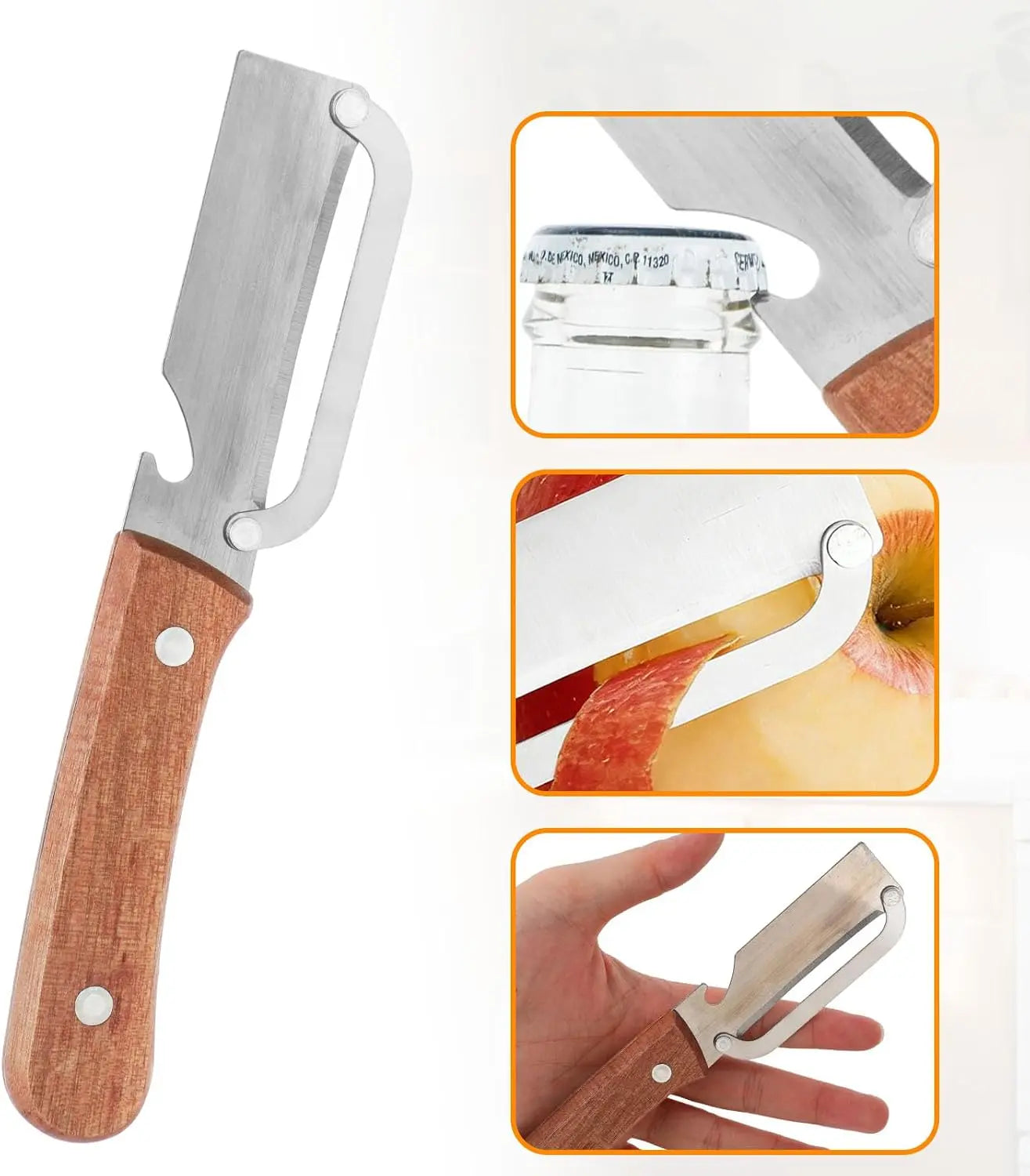 Multi-Functional Vegetable Peeler with Stainless Steel Blade, Wooden Handle, and Bottle Opener Kitchen Tool, Suitable for Peeling Fruits, Vegetables, Pumpkin, Papaya, Zucchini, Potatoes, and Carrots.