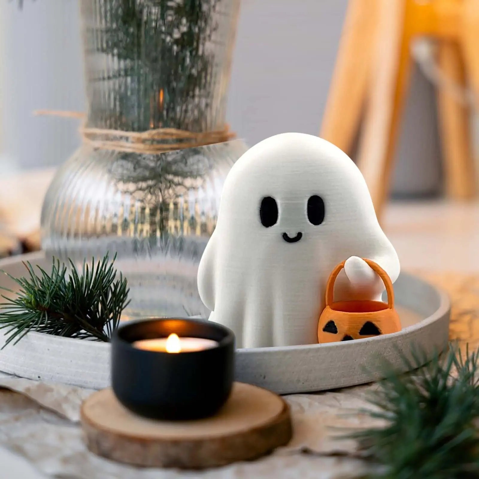 Cute Mini Pumpkin Ghost Desktop Ornament, Ideal Halloween Home Decor, Festive Party Living Room Bedroom Desk Decoration, Smiling Ghost Statue with Pumpkin Bucket