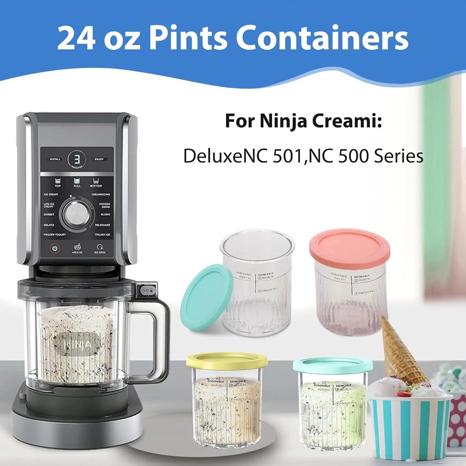4-Pack Ice Cream Storage Containers with Lids, 24 Oz, Compatible with Ninja Creami NC501 & NC500, Smoothie Cups for Ice Cream Makers