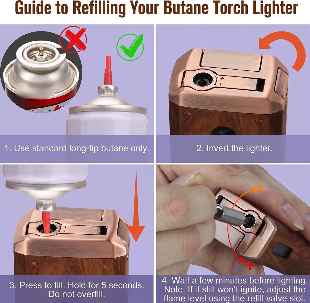 (Gas Not Included) 5-In-1 Quad Flame Butane Lighter, Windproof Refillable Lighter with Adjustable Flame, EDC Tool for Outdoor & Daily Use, Great Gift for Men, Dad, Boyfriend, Business, Gift Box Included