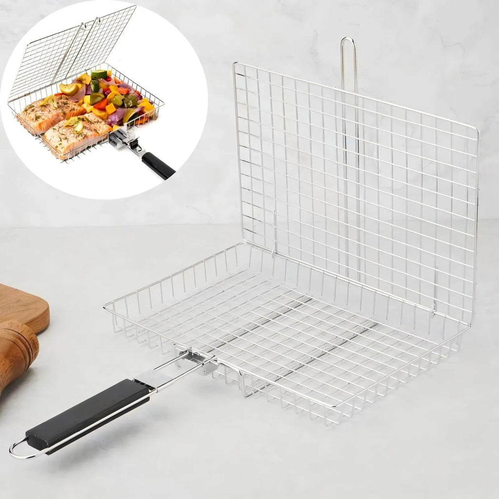 Summerwins Rectangular Carbon Steel Outdoor BBQ Grill Net - Single Roomier Sheet Grid Rack with Handle, Thick Durable Outdoor Cooking Barbecue Utensils for Home & Festive Supplies