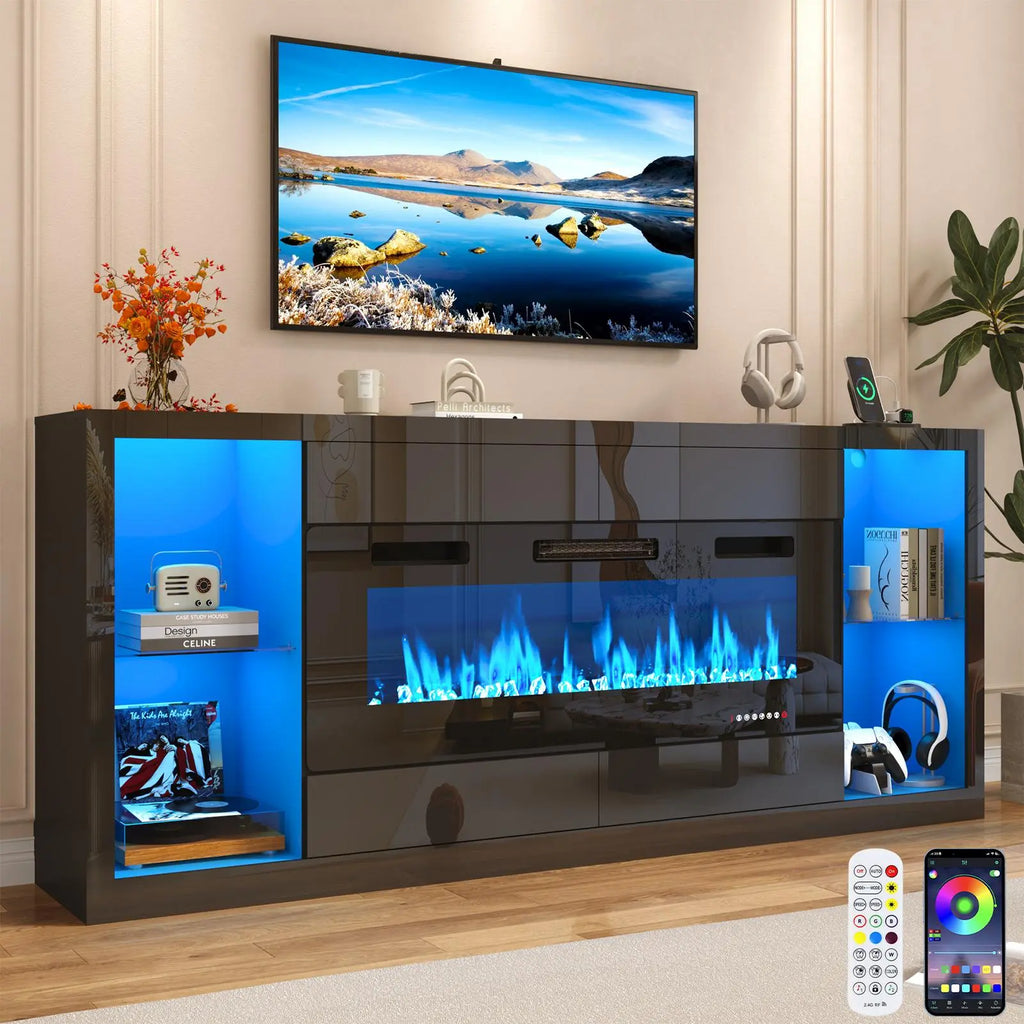 82.7'' Fireplace TV Stand for 90/95''TV with 50'' Fireplace, LED Modern High Gloss Entertainment Center with Power Outlet, 4 Drawers, Adjustable Shelf, 2-Tier TV Console Cabinet, Black/White