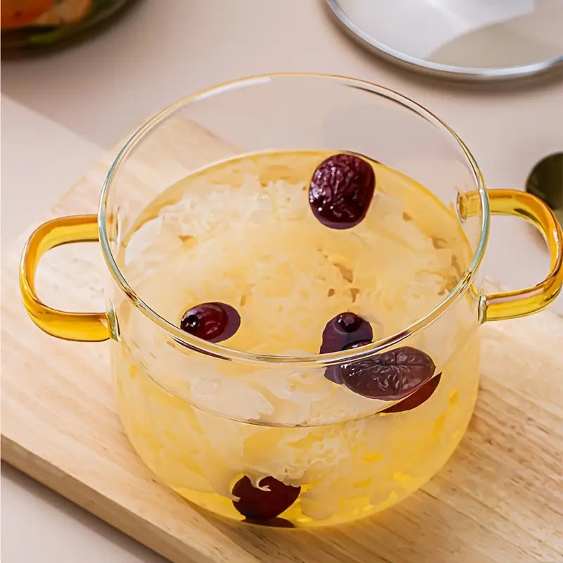 1600Ml/54Oz Borosilicate Glass Cookware with Yellow Handle - Transparent, Heatproof, Thermal, Oven-Safe, Easy-Clean, Odorless Home Supply for Stoves, Soup Cooking, Families