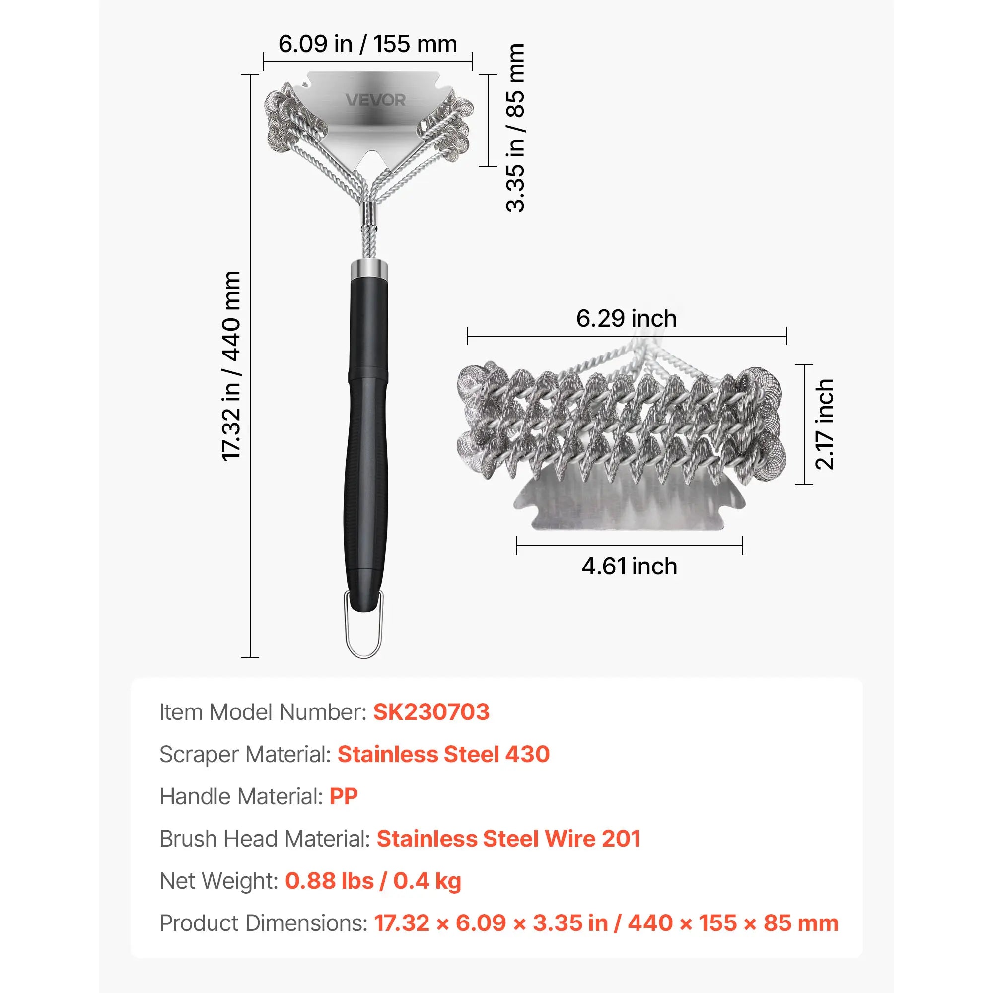 VEVOR Grill Brush and Scraper, BBQ Brush for Outdoor Grills, Stainless Steel Woven Wire, Bristle Free Barbecue Brushes for Porcelain, Charcoal, Grate Cleaner Grill Accessories, 17 In