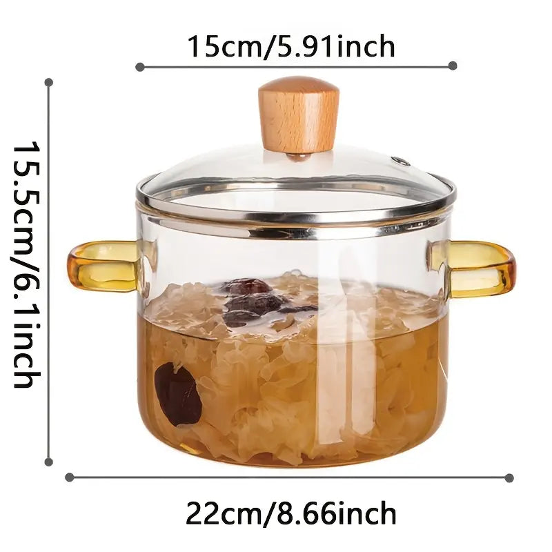 1600Ml/54Oz Borosilicate Glass Cookware with Yellow Handle - Transparent, Heatproof, Thermal, Oven-Safe, Easy-Clean, Odorless Home Supply for Stoves, Soup Cooking, Families