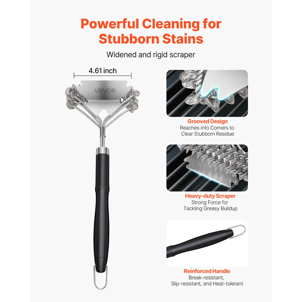 VEVOR Grill Brush and Scraper, BBQ Brush for Outdoor Grills, Stainless Steel Woven Wire, Bristle Free Barbecue Brushes for Porcelain, Charcoal, Grate Cleaner Grill Accessories, 17 In