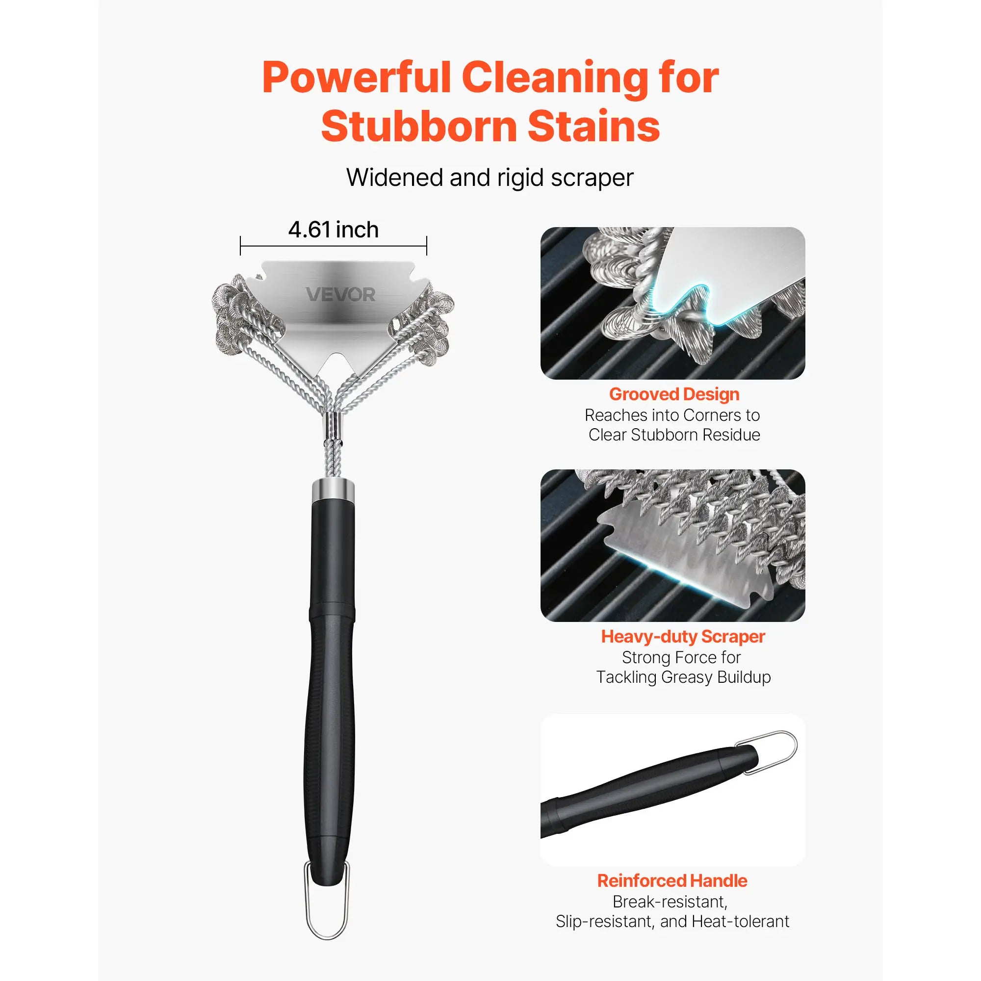 VEVOR Grill Brush and Scraper, BBQ Brush for Outdoor Grills, Stainless Steel Woven Wire, Bristle Free Barbecue Brushes for Porcelain, Charcoal, Grate Cleaner Grill Accessories, 17 In