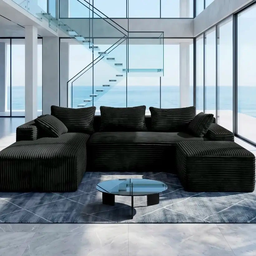 Luxury Black Corduroy Modular Sectional Sofa, U-Shaped Cloud Couch with Deep Seat, Modern Large Living Room Sofa Set, Oversized Comfy Lounge Couch with Removable Cushions, Contemporary Velvet Fabric Furniture for Apartment, Villa and Home Decor