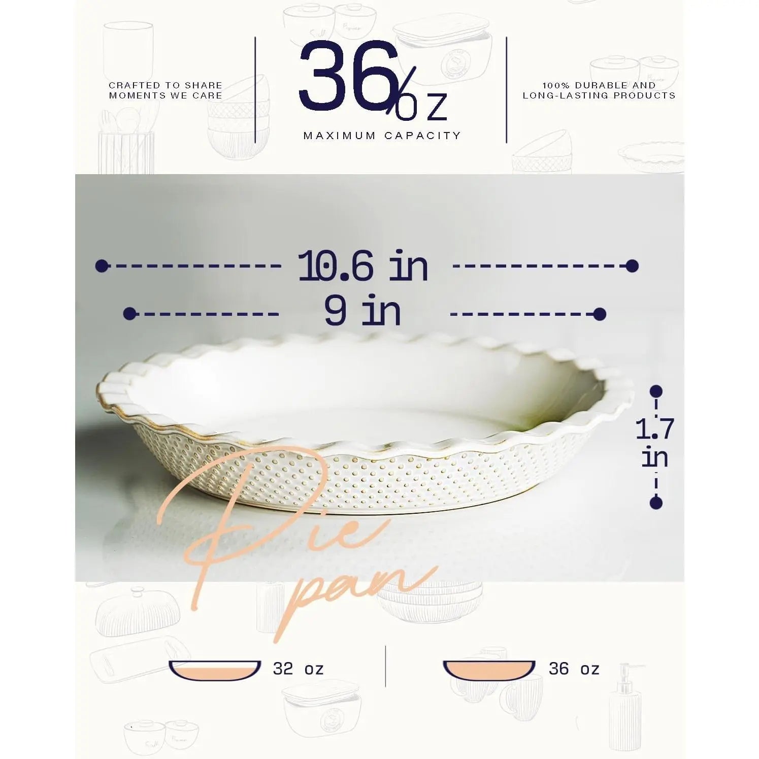 Ceramic Pie Pan Set of 2, 9 Inch Pie Dish for Baking, Non-Stick, Oven & Dishwasher Safe, Farmhouse Decor Quiche Baking Dish, Pie Plate, Deep Dish Pie Pan (Embossed Stripes+Dots)