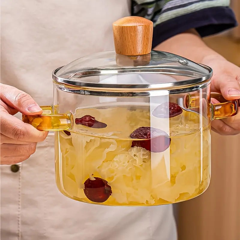 1600Ml/54Oz Borosilicate Glass Cookware with Yellow Handle - Transparent, Heatproof, Thermal, Oven-Safe, Easy-Clean, Odorless Home Supply for Stoves, Soup Cooking, Families