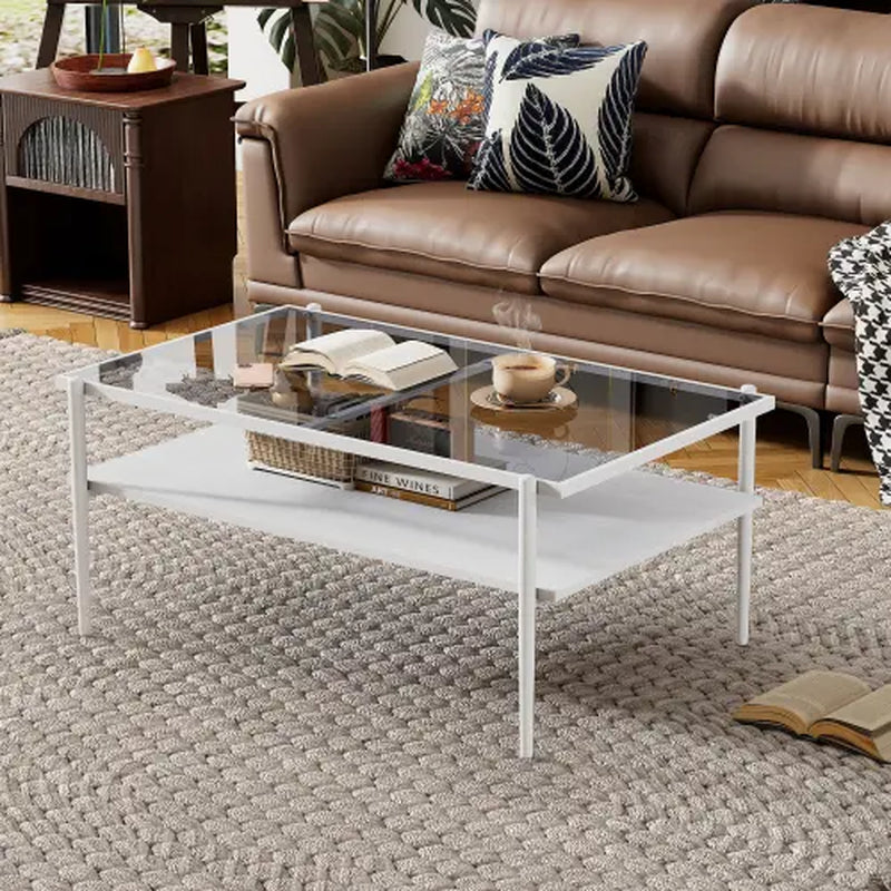 Modern Glass Coffee Table 38.39"L ×24.21"W ×17.72"H, Rectangular Tea Table with Metal Frame & Open Storage Shelf, Home Furniture for Living Room Apartment