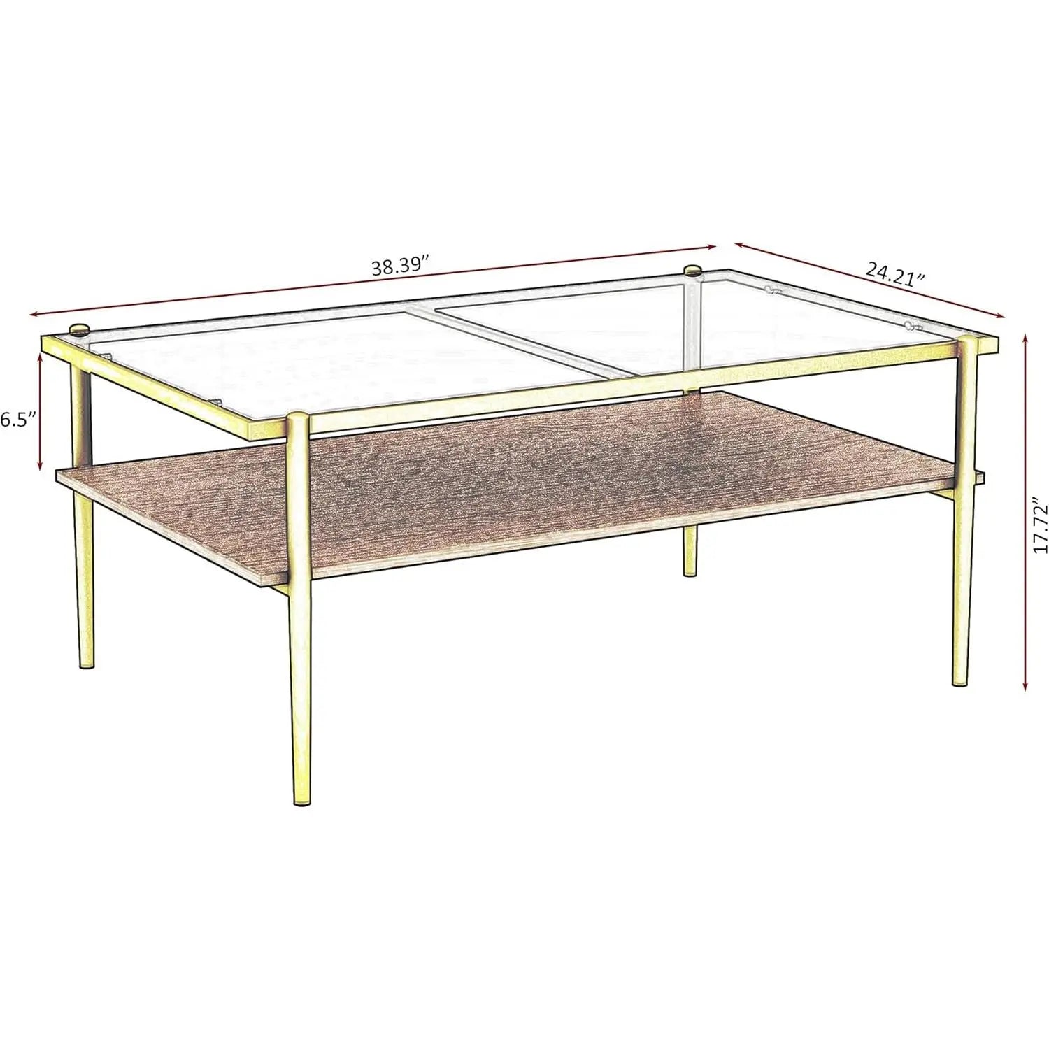 Modern Glass Coffee Table 38.39"L ×24.21"W ×17.72"H, Rectangular Tea Table with Metal Frame & Open Storage Shelf, Home Furniture for Living Room Apartment