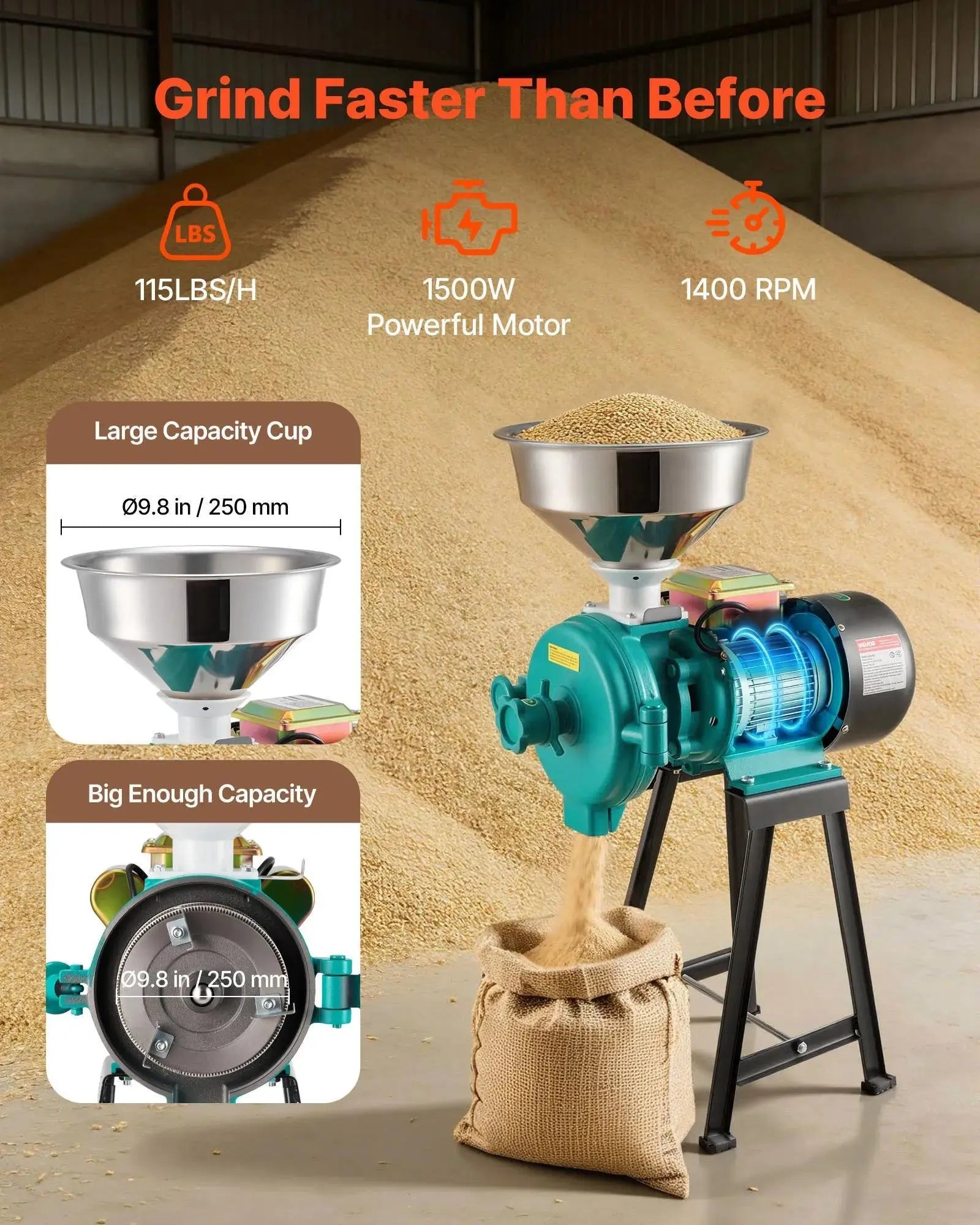 【Backtoschool】Vevor Electric Grain Mill Grinder, 110 Lbs/H Commercial Spice Grinders, 1500W Cast Iron Pulverizer Powder Machine with Non-Slip Rubber Feet, for Dry Grains, Spices, Cereals, Coffee, Corn & Pepper