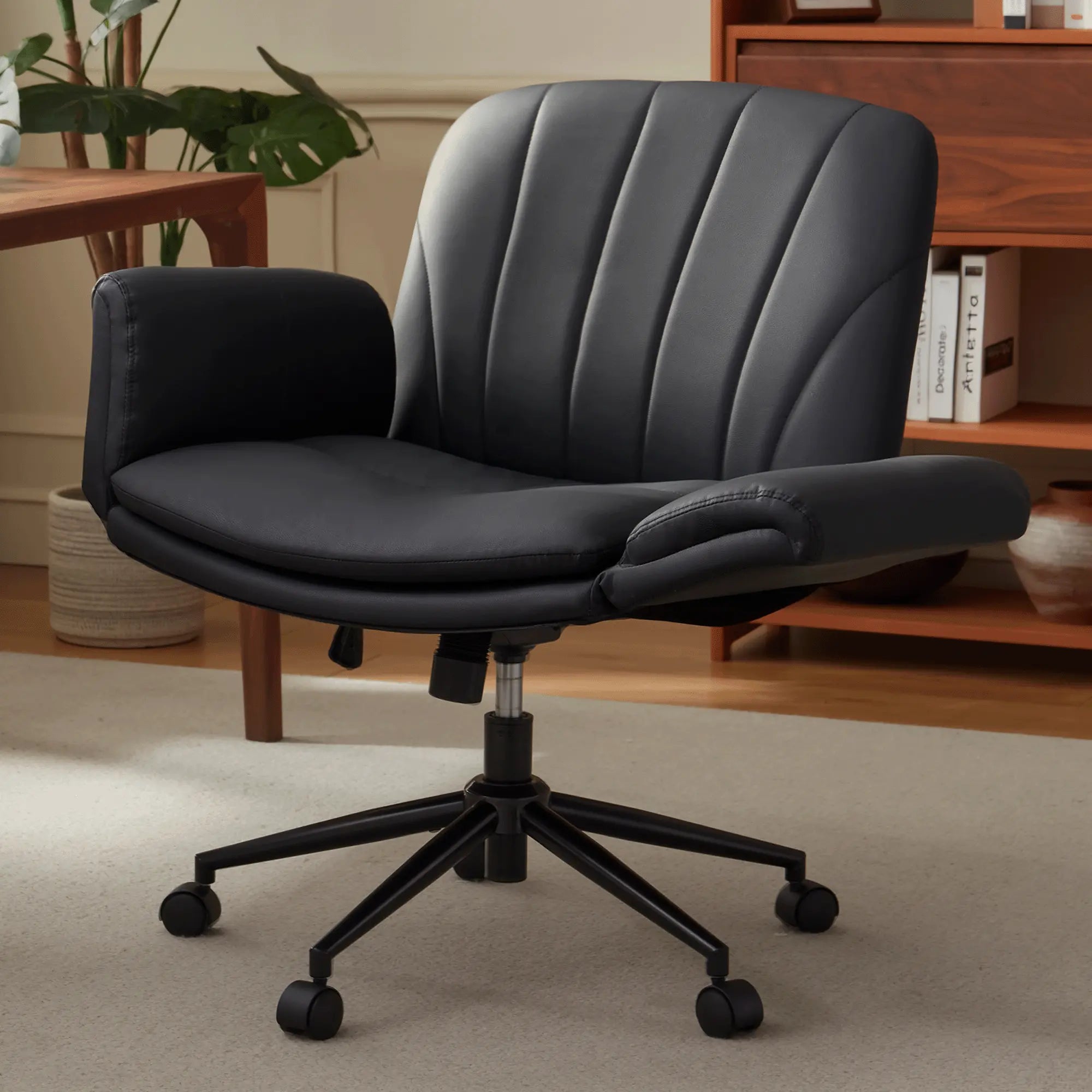 Summervibes Dowinx Criss Cross Chair with Five-Level Adjustable Arms and Wheels - Comfortable Ergonomic PU Leather Swivel Vanity Chair - Computer Makeup Gaming Chair for Home Office, Bedroom, Living Room