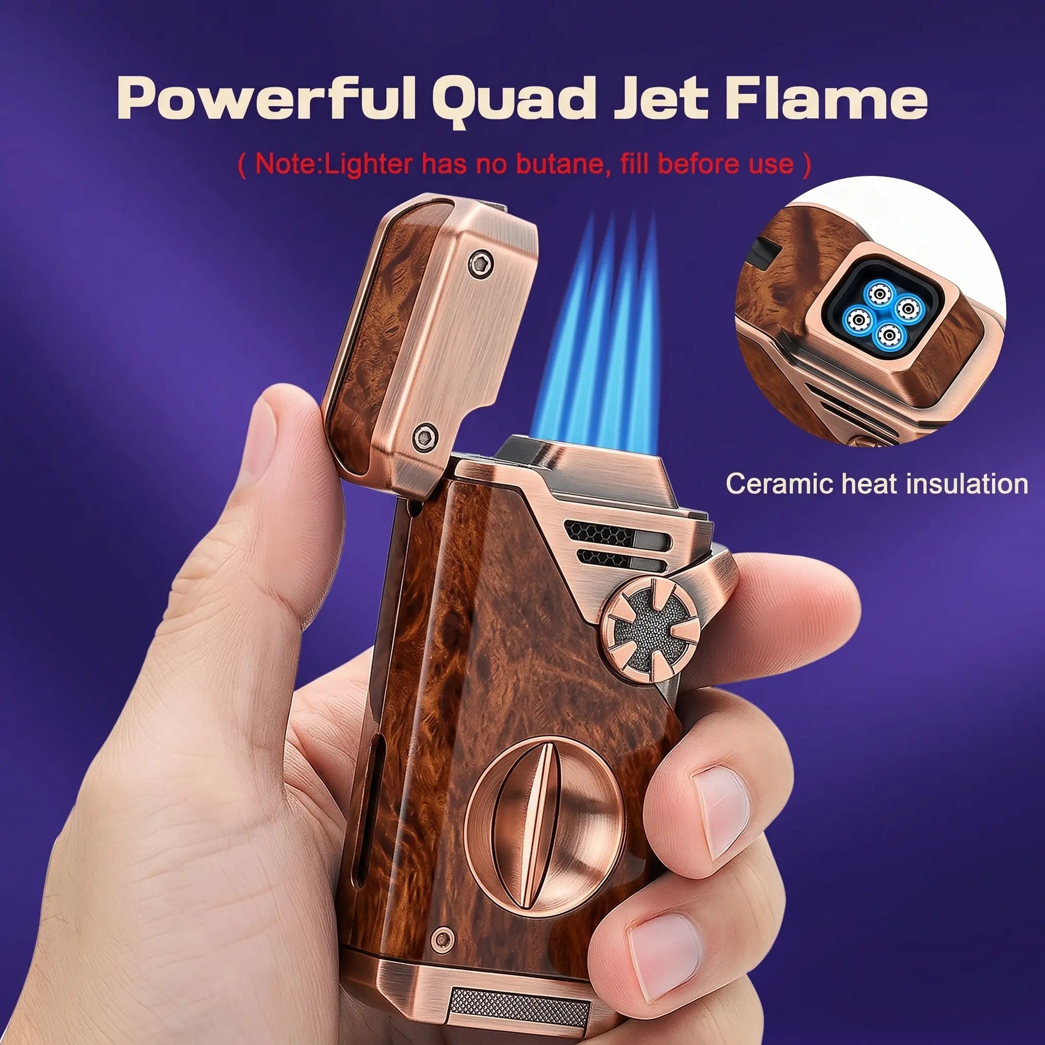(Gas Not Included) 5-In-1 Quad Flame Butane Lighter, Windproof Refillable Lighter with Adjustable Flame, EDC Tool for Outdoor & Daily Use, Great Gift for Men, Dad, Boyfriend, Business, Gift Box Included