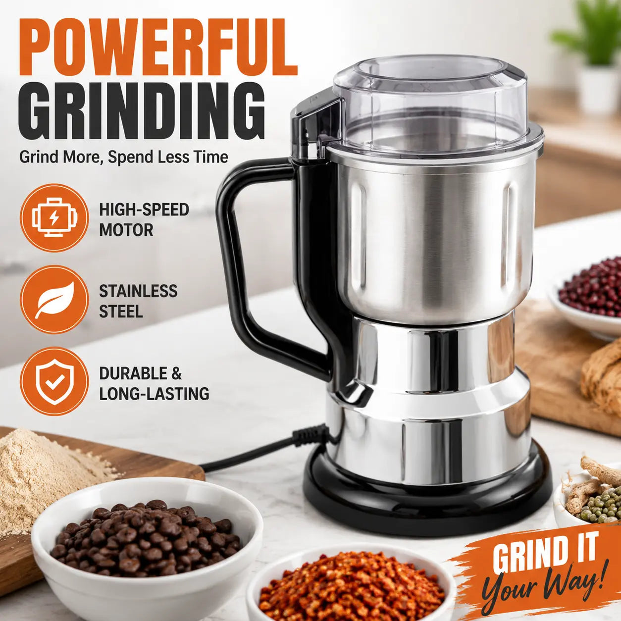 Springtok 300W Electric Coffee Grinder, Stainless Steel Blade Mill for Coffee Beans, Spices & Nuts, Powerful Kitchen Grinding Tool