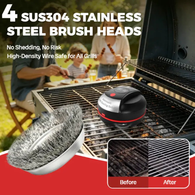 Automatic Grill Cleaning Robot, Rechargeable BBQ Grill Cleaner Robot with Rotating Steel Brush Heads, Hands‑Free Grill Scrubber for Outdoor Barbecue Grills, Remove Grease & Charred Residue