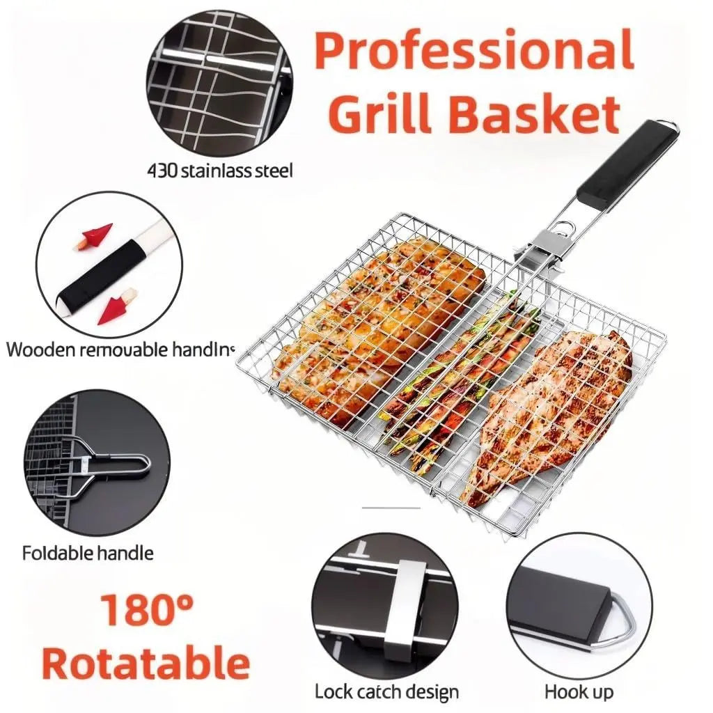Summerwins Rectangular Carbon Steel Outdoor BBQ Grill Net - Single Roomier Sheet Grid Rack with Handle, Thick Durable Outdoor Cooking Barbecue Utensils for Home & Festive Supplies