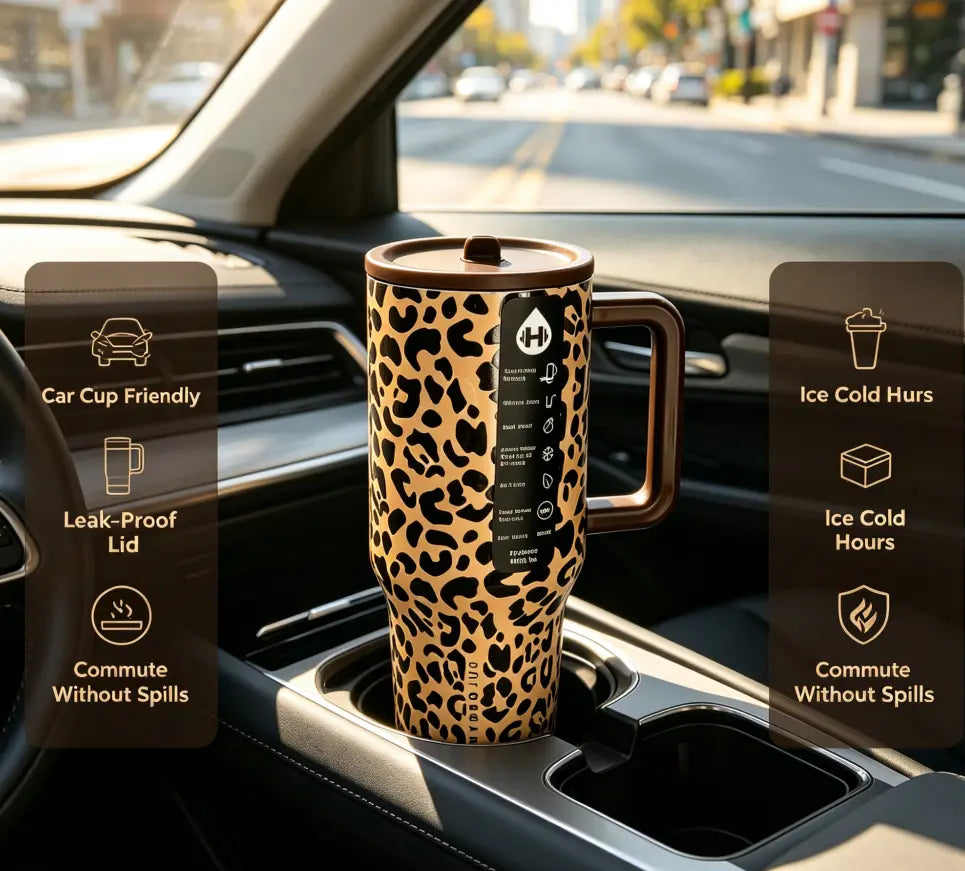 Hydro Aesthetic 40Oz Vacuum Insulated Stainless Steel Tumbler - Double-Wall Leopard Print Travel Mug with Straw, Handle, Flip Lid - Leak-Proof, Cup Holder-Fit, Stylish Durable Water Bottle for On-The-Go Use, Water Bottles