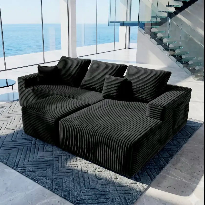 Luxury Black Corduroy Modular Sectional Sofa, U-Shaped Cloud Couch with Deep Seat, Modern Large Living Room Sofa Set, Oversized Comfy Lounge Couch with Removable Cushions, Contemporary Velvet Fabric Furniture for Apartment, Villa and Home Decor