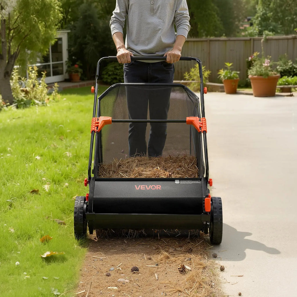 VEVOR Manual Push Lawn Sweeper with Spinning Brushes, 26-In Leaves Grass Cleanup Tool, 7 Cu Ft Hopper Capacity, Adjustable Height, 1:5 Brush Wheel Ratio, Heavy-Duty Iron Frame, 10-In Rubber Wheels, 31.5X50X16.9 In, 27.6 Lbs