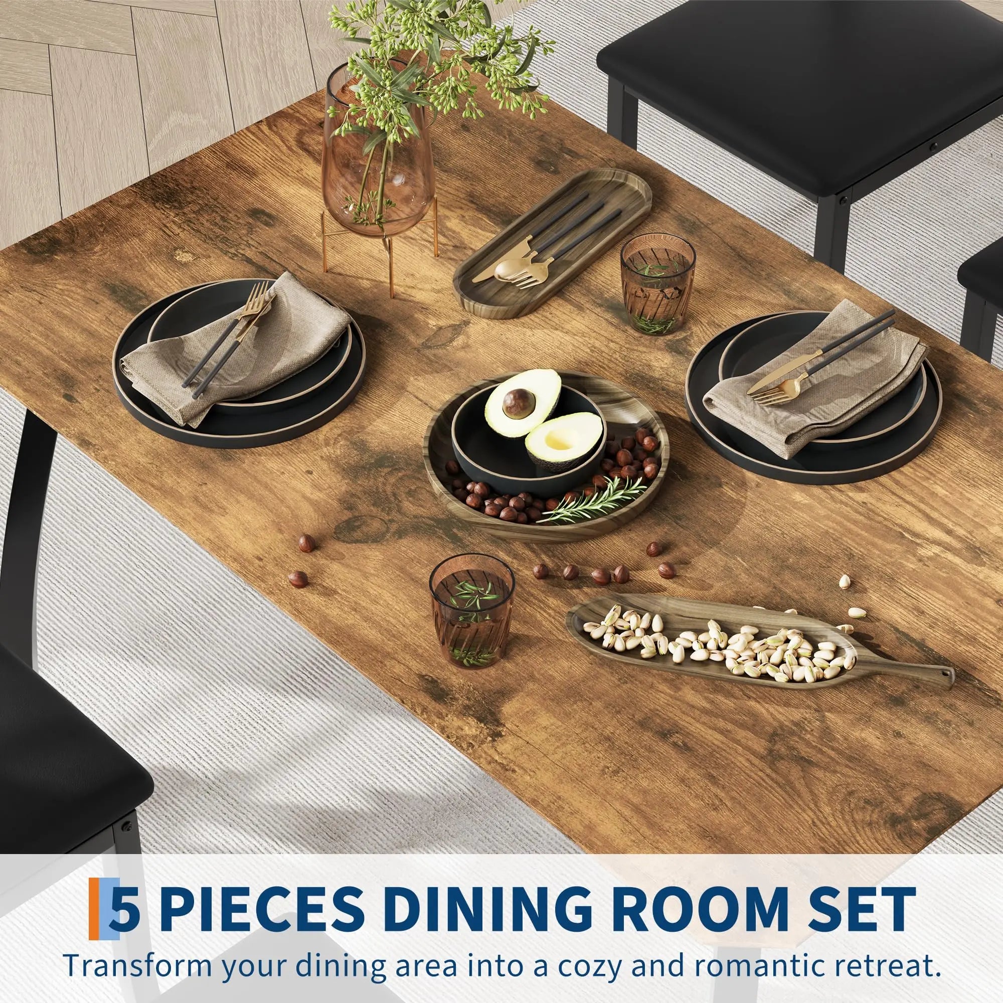 Garvee 5 Piece Farmhouse Dining Table Set for 4, Industrial Kitchen Table with Padded Chairs & Iron Frame, Space-Saving Dining Room Furniture Set for Small Spaces, Apartments, Brown