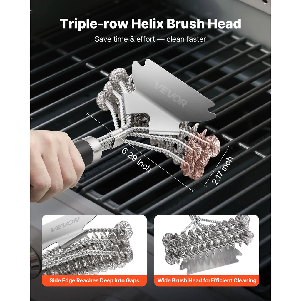VEVOR Grill Brush and Scraper, BBQ Brush for Outdoor Grills, Stainless Steel Woven Wire, Bristle Free Barbecue Brushes for Porcelain, Charcoal, Grate Cleaner Grill Accessories, 17 In