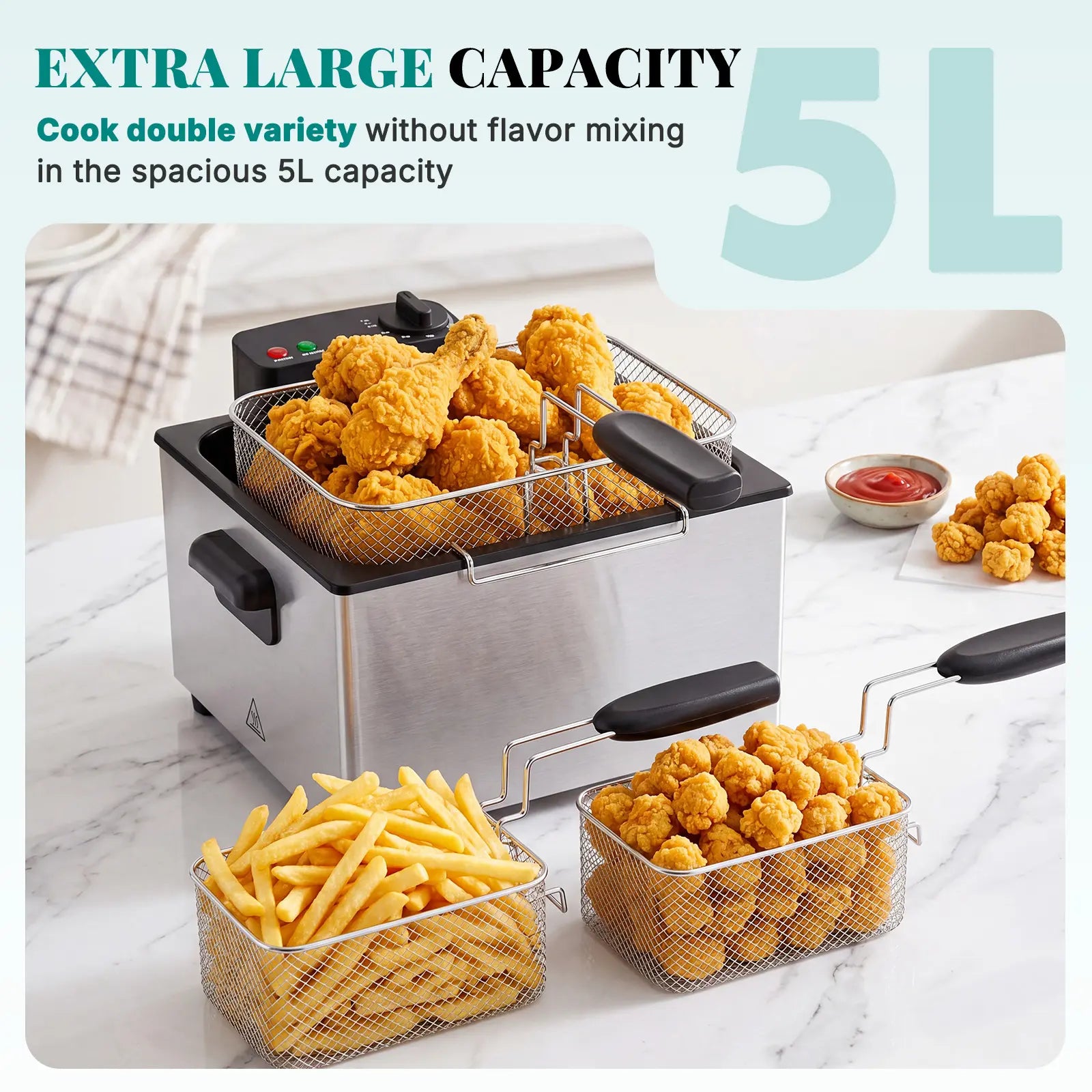 Sweetcrispy 3/5L Professional Electric Deep Fryer (Kitchen Appliances) - 3 Baskets, 1800W Fast Heating 304 Stainless Steel, Viewing Lid, Adjustable Temp, Versatile Heat Settings, Simple Use & Cleaning, 265°F-375°F for French Fries, Chicken, Temperature Co