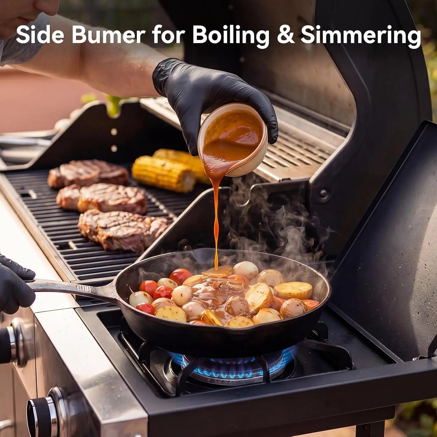 Aoxun 4-Burner 49000 BTU Propane Grill with Side Burner, Black & Silvery | Stainless Steel Gas Grill, Heavy-Duty Cooking Grates & Side Tables for Backyard Patio Camping